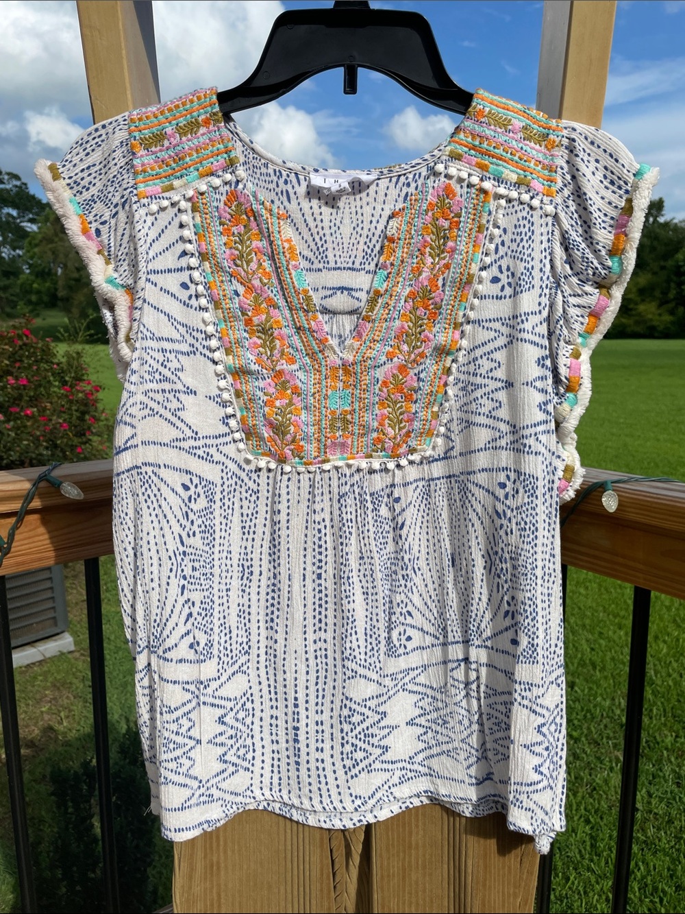 THML White and Blue Embroidered Boho Blouse with Multicolor Trim